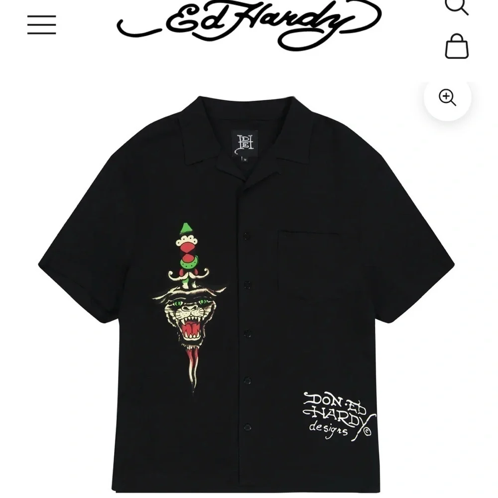 Ed Hardy Love Kills Slowly Woven Black Short Sleeve Button Up Camp Shirt XL - Picture 3 of 15
